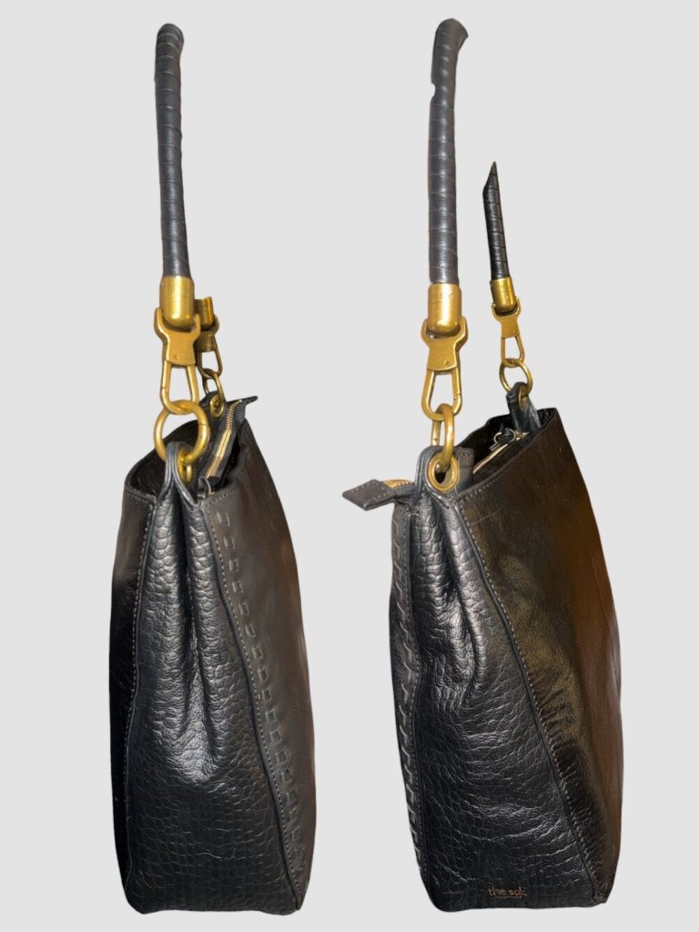 The Sak Collective Estrada Demi Bag Black Leather Brass Whipstitch Shoulder Hobo - Picture 6 of 10
